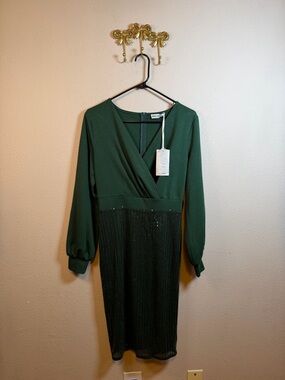 Grace Karin Emerald Green Long Sleeve Cocktail Dress w/Sequin Skirt Size 6